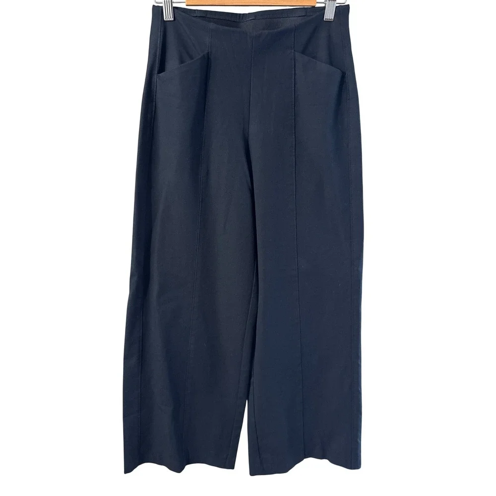 Black Wide Leg High Rise Pull On Trousers with Front Patch Pockets